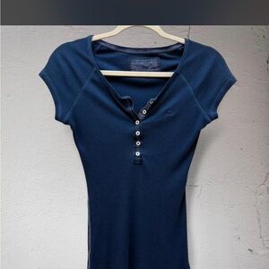 Vintage Y2K Abercrombie Navy Ribbed Henley Ribbon Short Sleeve Top